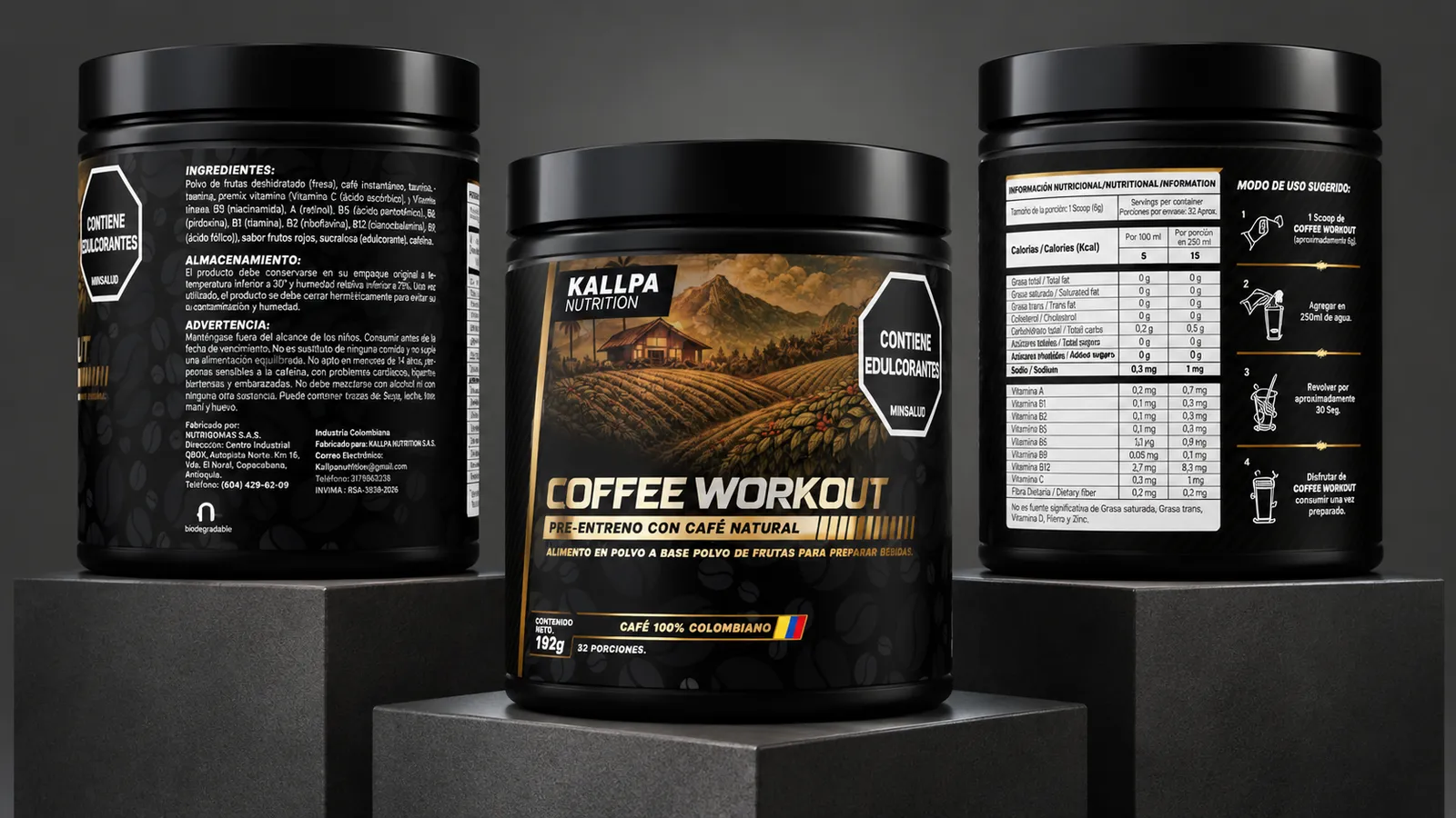 Tres vistas del tarro de COFFEE WORKOUT: ingredientes, frente e información nutricional